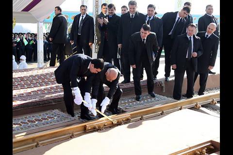 Turkmenistan’s President Berdimuhamedov and Afghanistan’s President Ghani ceremonially tightened a golden bolt to complete the railway.